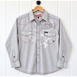 Southern Thread Men's L Western Pearl Snap Shirt Gray White Urban Cowboy Rodeo